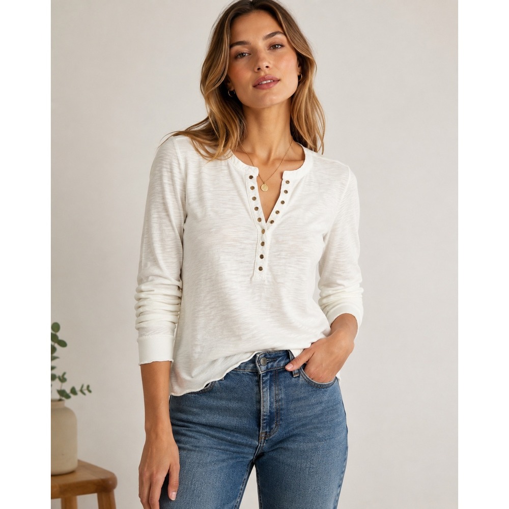 Nation LTD White Cotton Slub Henley Long Sleeve Top XS 1189JJR Peru